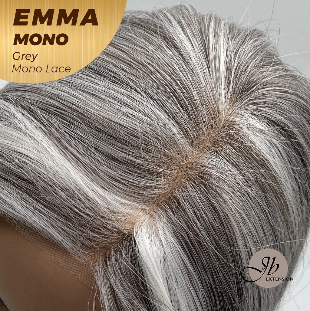 JBEXTENSION EMMA MONO Monofilament Handmade Wig 6X5 Full Monofilament Hand Tied Top Wig 14 Inches Grey Mono Lace Wig With Anti-slip Silicone Strips Glueless Wig EMMA MONO GREY【BENDY EAR TABS】