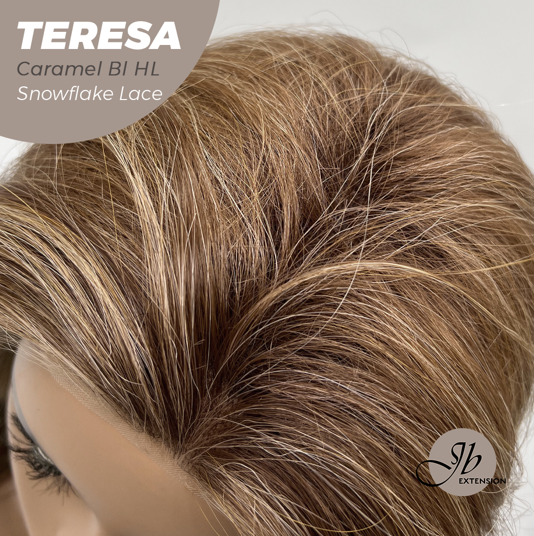 JBEXTENSION 18 Inches Caramel Blonde Highlight Pre-Cut Snowflake Lace Frontlace Glueless Wig TERESA CARAMEL BLONDE HIGHLIGHT【PERMATEASE】【BENDY EAR TABS】- M/L
