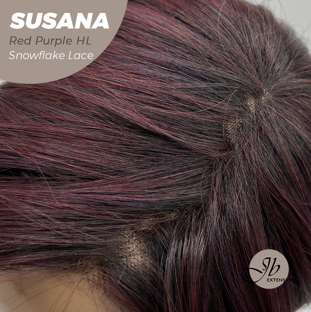 JBEXTENSION 9 Inches Red Purple Highlight Pre-Cut Side Part Snowflake Lace Frontlace Glueless Wig SUSANA RED PURPLE HIGHLIGHT【BENDY EAR TABS】