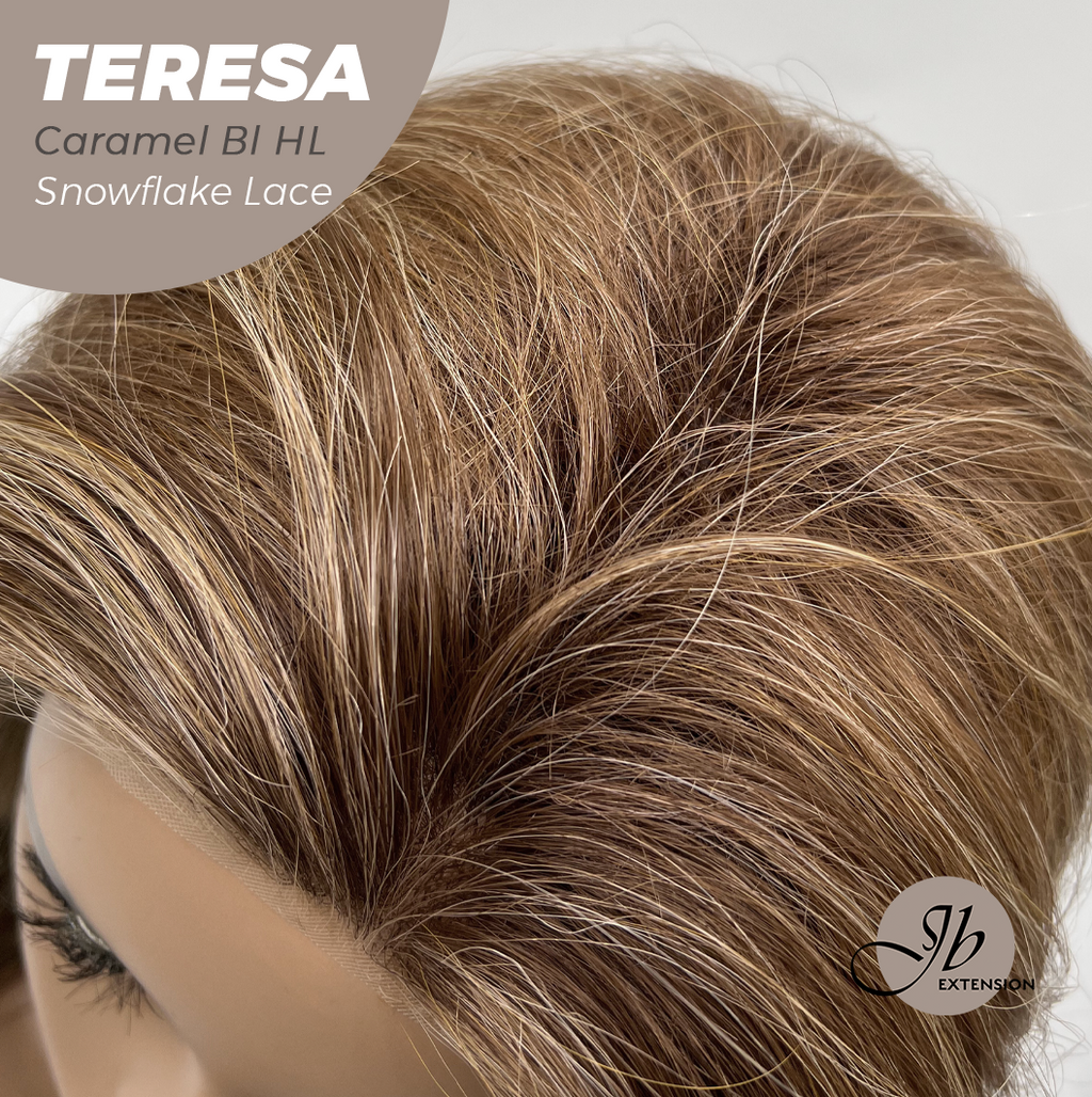 JBEXTENSION 18 Inches Caramel Blonde Highlight Pre-Cut Snowflake Lace Frontlace Glueless Wig TERESA CARAMEL BLONDE HIGHLIGHT【PERMATEASE】【BENDY EAR TABS】- S/M