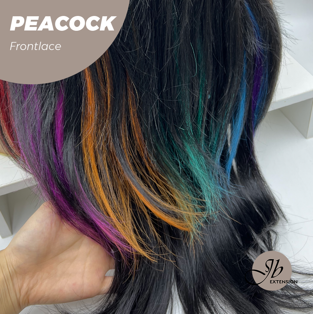 JBEXTENSION 26 Inches Curly Black With Multiple Color Pre-Cut Frontlace Wig PEACOCK