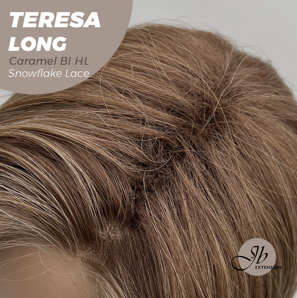 JBEXTENSION 22 Inches Long Caramel Blonde Highlight Pre-Cut Snowflake Lace Frontlace Glueless Wig TERESA LONG CARAMEL BLONDE HIGHLIGHT【PERMATEASE】【BENDY EAR TABS】- S/M