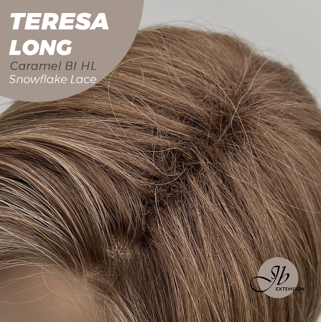JBEXTENSION 22 Inches Long Caramel Blonde Highlight Pre-Cut Snowflake Lace Frontlace Glueless Wig TERESA LONG CARAMEL BLONDE HIGHLIGHT【PERMATEASE】【BENDY EAR TABS】- S/M
