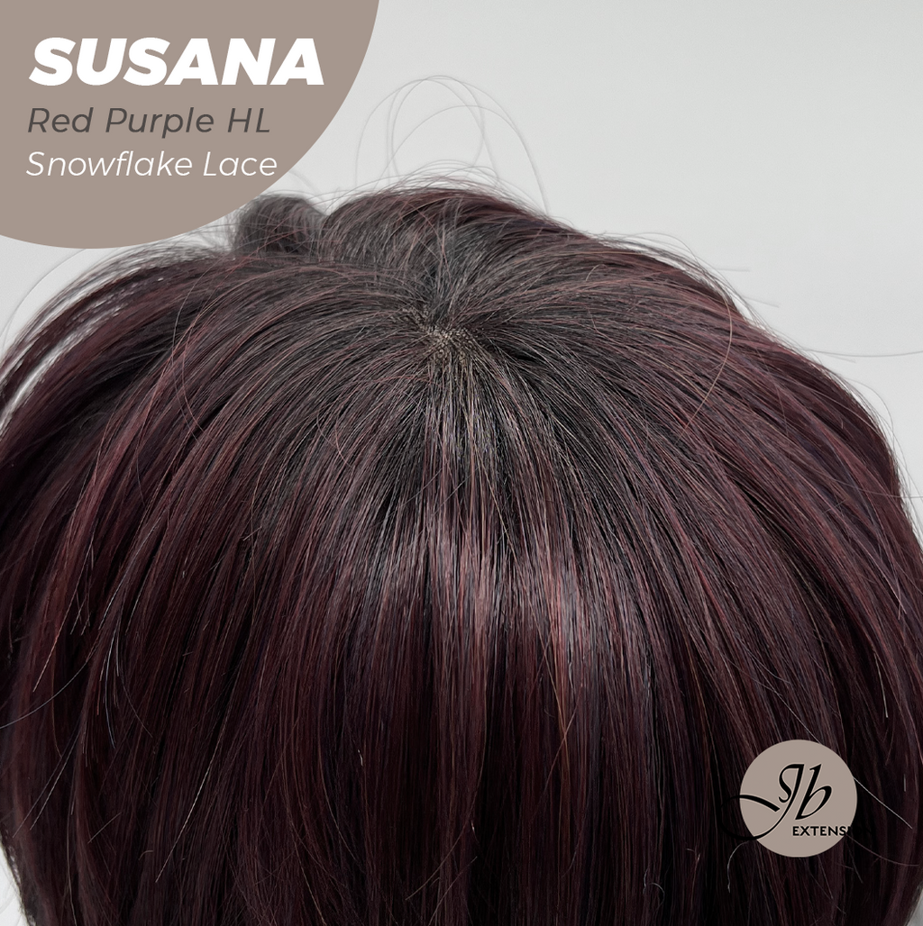 JBEXTENSION 9 Inches Red Purple Highlight Pre-Cut Side Part Snowflake Lace Frontlace Glueless Wig SUSANA RED PURPLE HIGHLIGHT【BENDY EAR TABS】