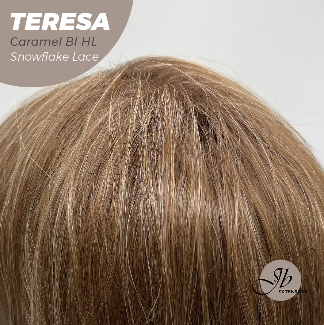 JBEXTENSION 18 Inches Caramel Blonde Highlight Pre-Cut Snowflake Lace Frontlace Glueless Wig TERESA CARAMEL BLONDE HIGHLIGHT【PERMATEASE】【BENDY EAR TABS】- S/M