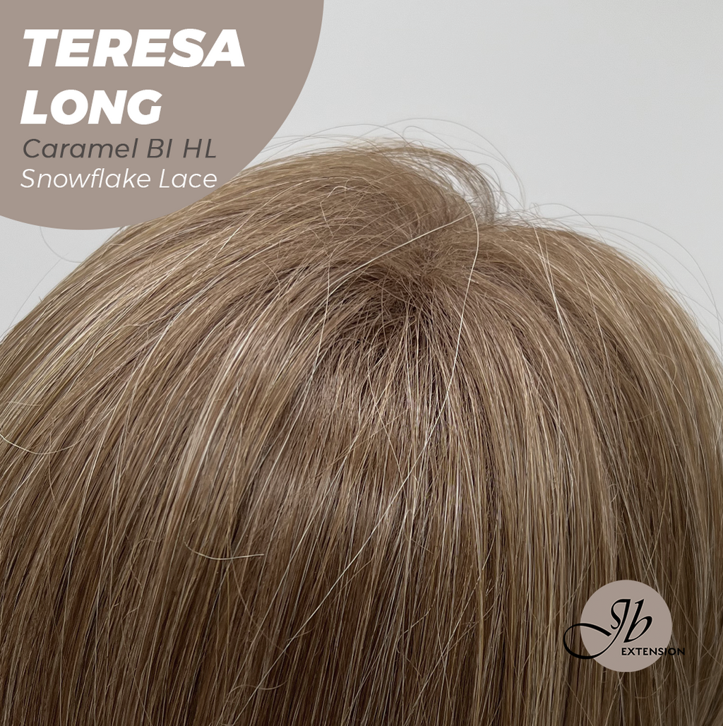 JBEXTENSION 22 Inches Long Caramel Blonde Highlight Pre-Cut Snowflake Lace Frontlace Glueless Wig TERESA LONG CARAMEL BLONDE HIGHLIGHT【PERMATEASE】【BENDY EAR TABS】- S/M