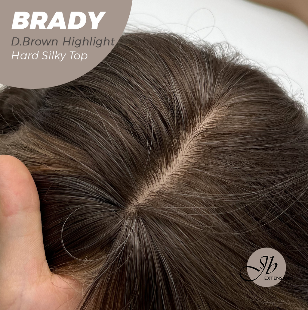 JBEXTENSION 12 Inches Scalpiana Wave Dark Brown with Highlight 3.5X4 Hard Silky Top Natural Scalp Effect Wig with Bang BRADY DARK BROWN HIGHLIGHT