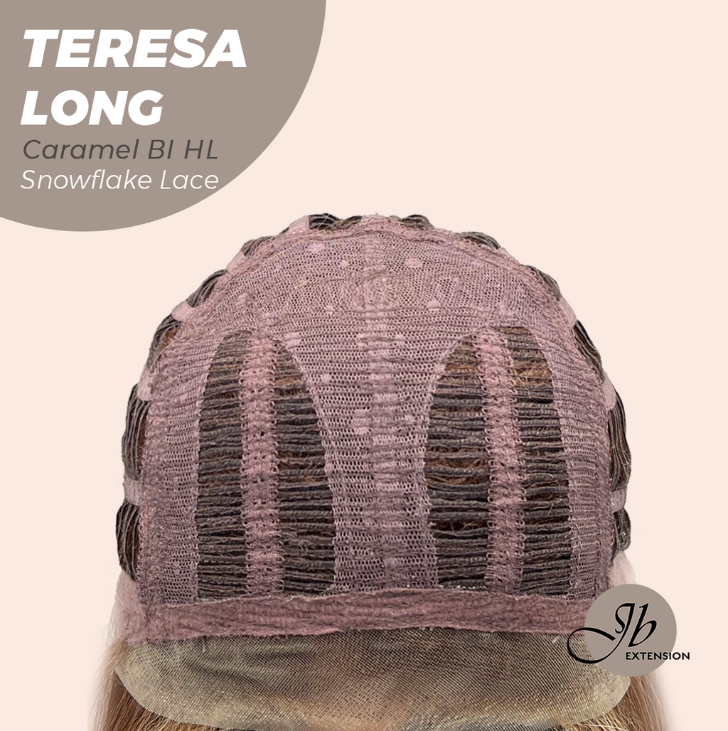 JBEXTENSION 22 Inches Long Caramel Blonde Highlight Pre-Cut Snowflake Lace Frontlace Glueless Wig TERESA LONG CARAMEL BLONDE HIGHLIGHT【PERMATEASE】【BENDY EAR TABS】- S/M