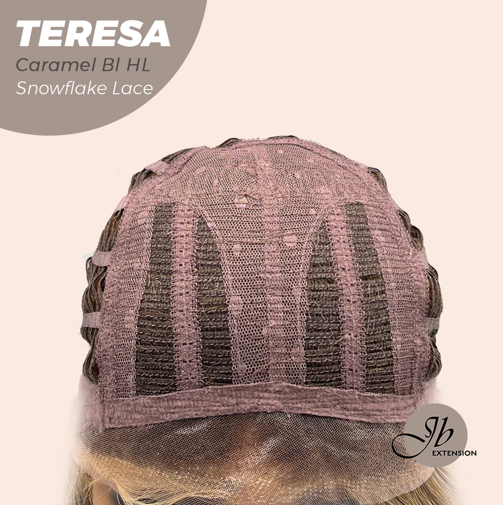 JBEXTENSION 18 Inches Caramel Blonde Highlight Pre-Cut Snowflake Lace Frontlace Glueless Wig TERESA CARAMEL BLONDE HIGHLIGHT【PERMATEASE】【BENDY EAR TABS】- M/L