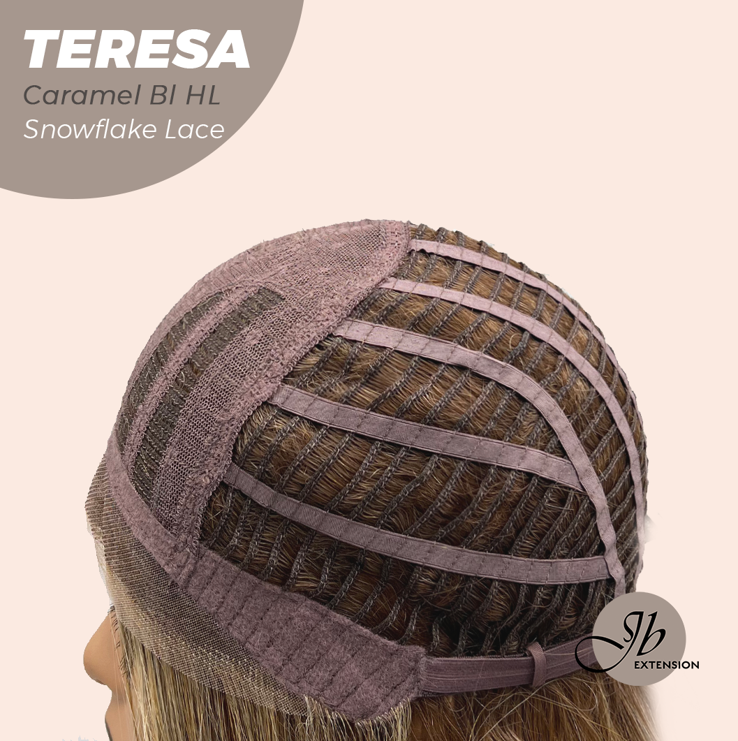 JBEXTENSION 18 Inches Caramel Blonde Highlight Pre-Cut Snowflake Lace Frontlace Glueless Wig TERESA CARAMEL BLONDE HIGHLIGHT【PERMATEASE】【BENDY EAR TABS】- S/M
