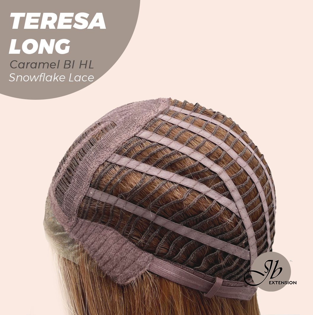 JBEXTENSION 22 Inches Long Caramel Blonde Highlight Pre-Cut Snowflake Lace Frontlace Glueless Wig TERESA LONG CARAMEL BLONDE HIGHLIGHT【PERMATEASE】【BENDY EAR TABS】- S/M