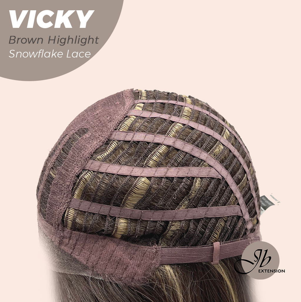 JBEXTENSION 20 Inches Dark Brown with Highlight Pre-Cut Snowflake Lace Frontlace Glueless Wig VICKY BROWN HIGHLIGHT【PERMATEASE】【BENDY EAR TABS】- S/M