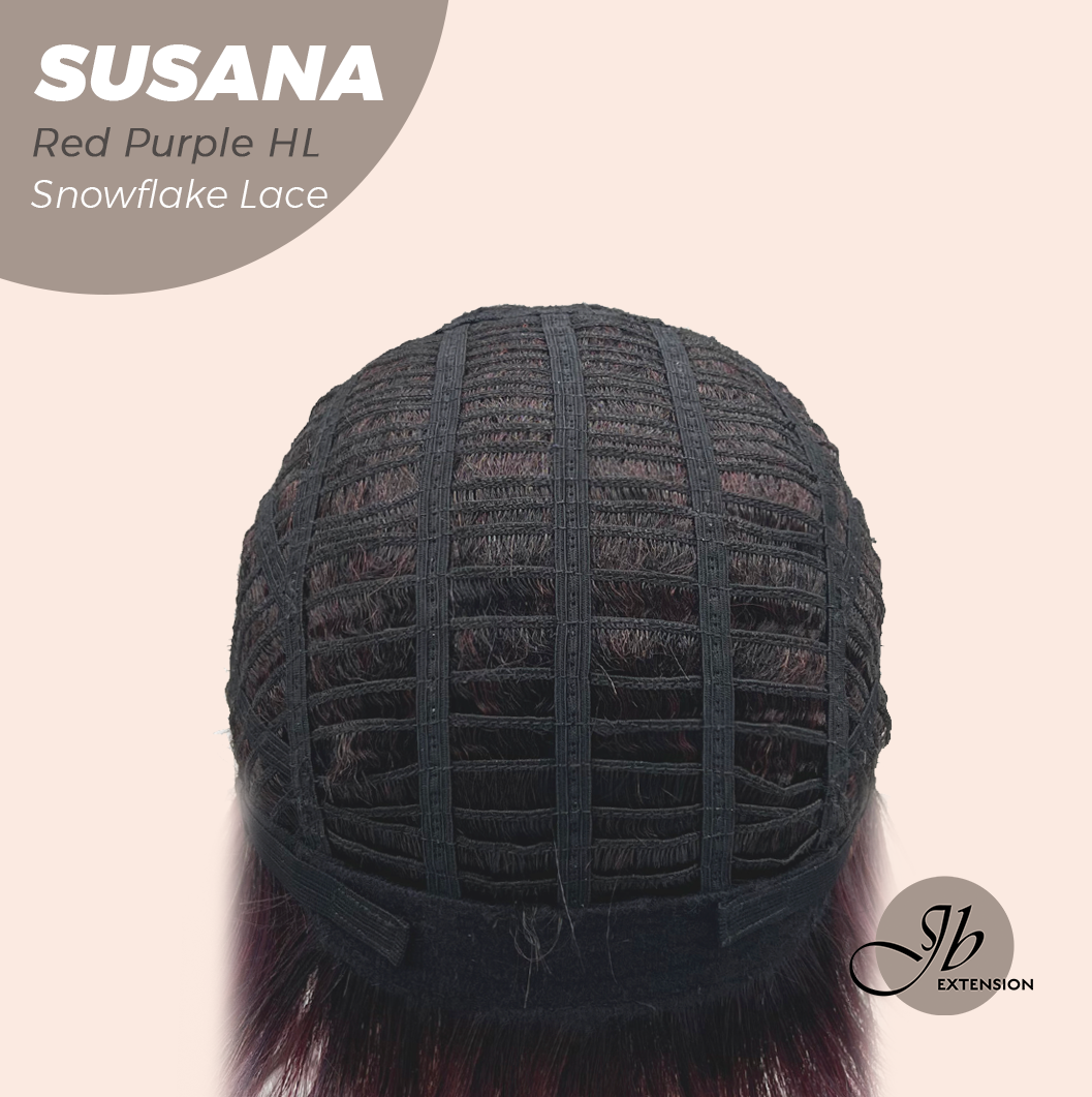 JBEXTENSION 9 Inches Red Purple Highlight Pre-Cut Side Part Snowflake Lace Frontlace Glueless Wig SUSANA RED PURPLE HIGHLIGHT【BENDY EAR TABS】
