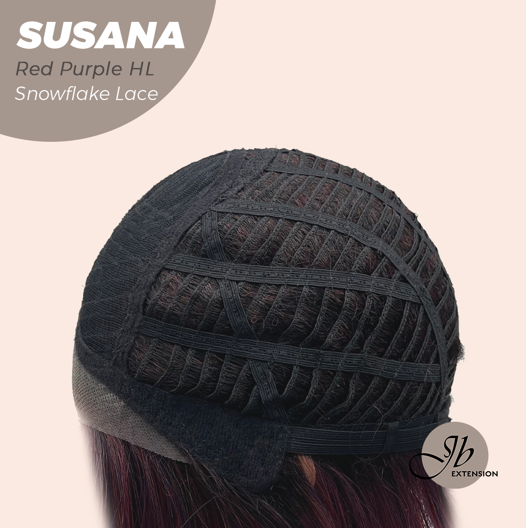 JBEXTENSION 9 Inches Red Purple Highlight Pre-Cut Side Part Snowflake Lace Frontlace Glueless Wig SUSANA RED PURPLE HIGHLIGHT【BENDY EAR TABS】