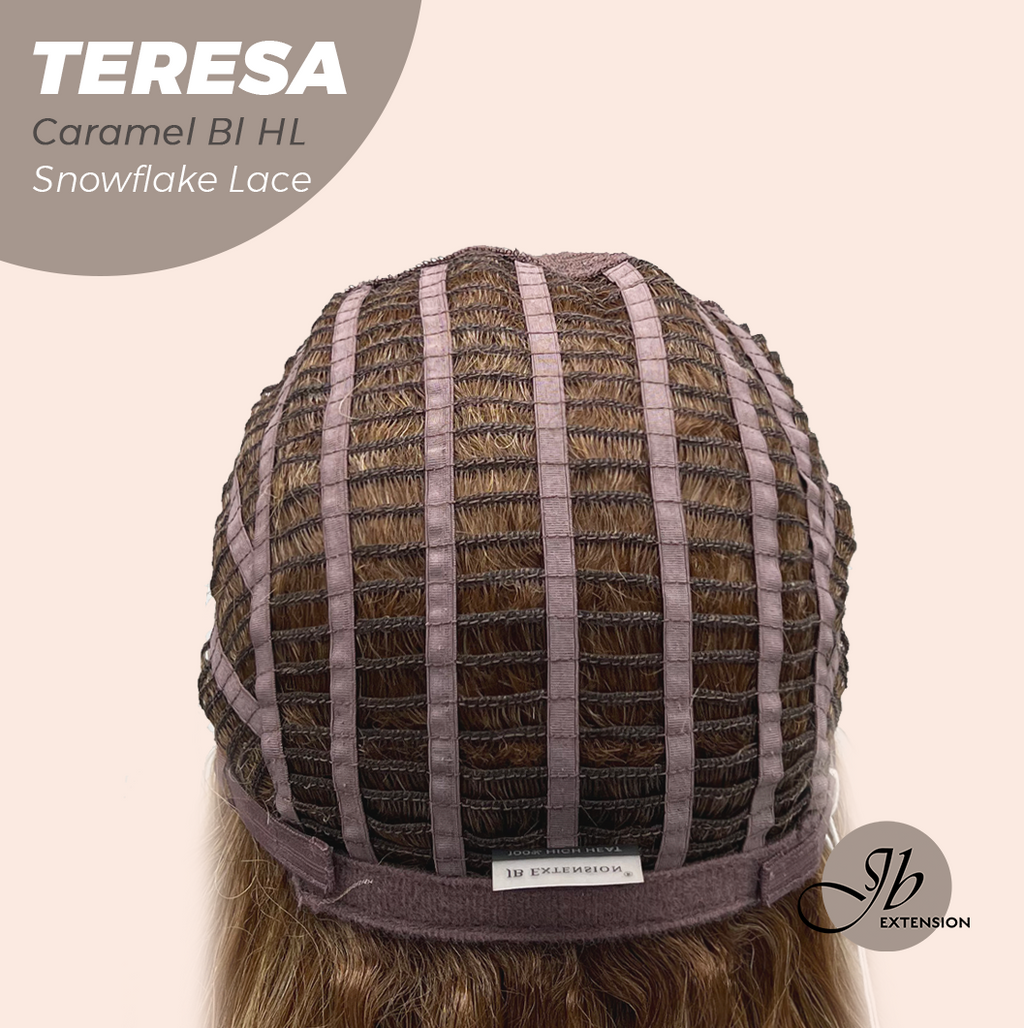 JBEXTENSION 18 Inches Caramel Blonde Highlight Pre-Cut Snowflake Lace Frontlace Glueless Wig TERESA CARAMEL BLONDE HIGHLIGHT【PERMATEASE】【BENDY EAR TABS】- S/M