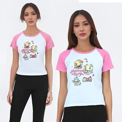Cat Print T-Shirt – Pink White Patchwork Slim Fit Short Sleeve Tee