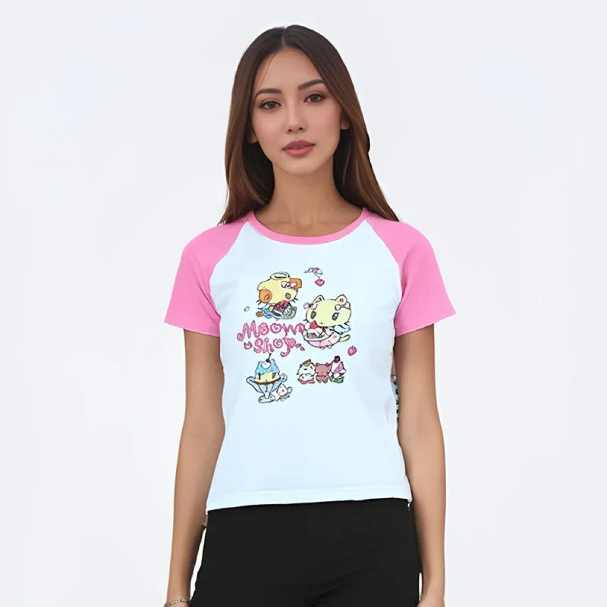 Cat Print T-Shirt – Pink White Patchwork Slim Fit Short Sleeve Tee