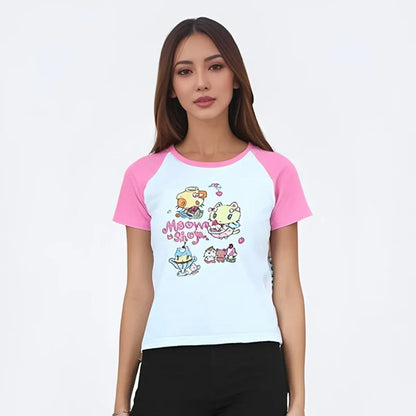 Cat Print T-Shirt – Pink White Patchwork Slim Fit Short Sleeve Tee