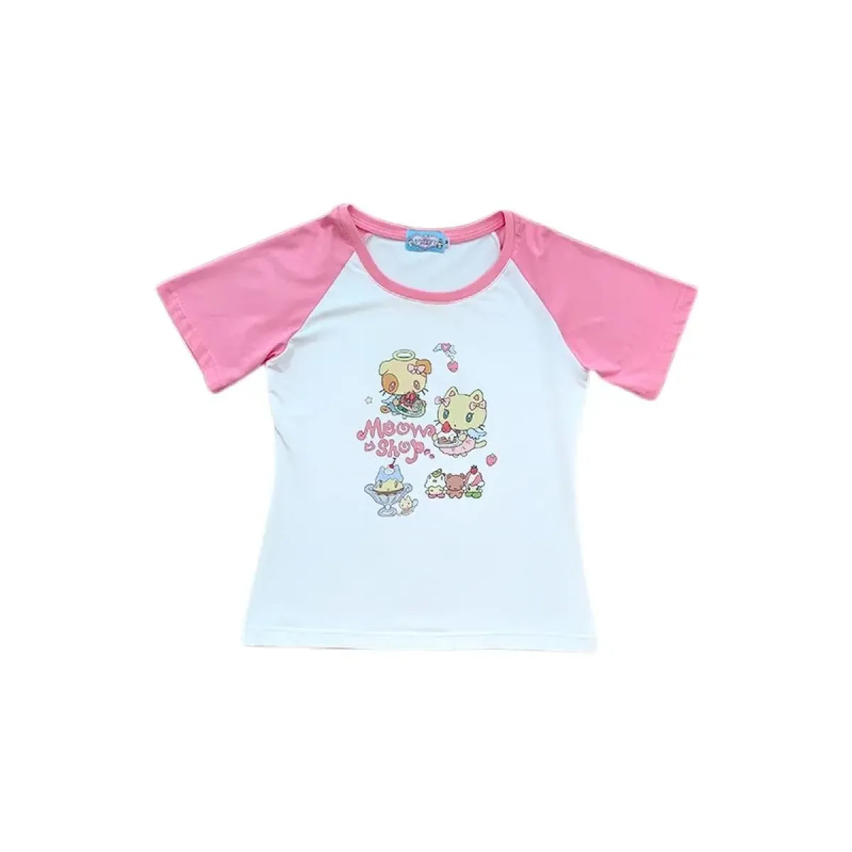 Cat Print T-Shirt – Pink White Patchwork Slim Fit Short Sleeve Tee
