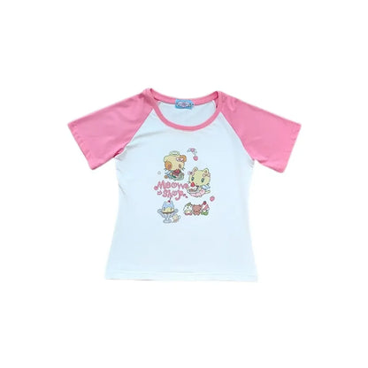 Cat Print T-Shirt – Pink White Patchwork Slim Fit Short Sleeve Tee