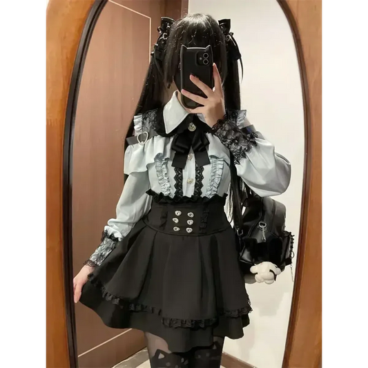 Y2K Off Shoulder Shirt and Ruched Lace Skirt Set