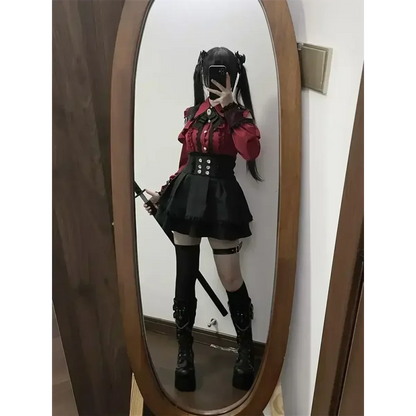 Y2K Off Shoulder Shirt and Ruched Lace Skirt Set