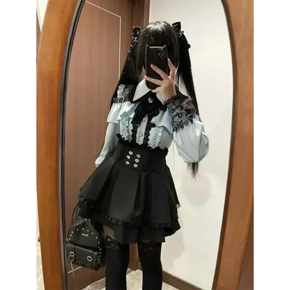 Y2K Off Shoulder Shirt and Ruched Lace Skirt Set