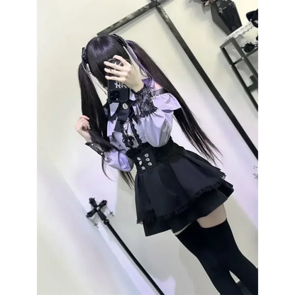 Y2K Off Shoulder Shirt and Ruched Lace Skirt Set