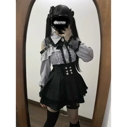 Y2K Off Shoulder Shirt and Ruched Lace Skirt Set