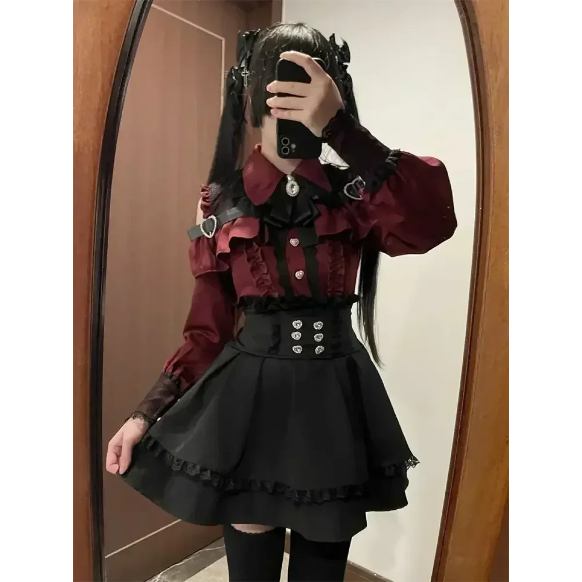 Y2K Off Shoulder Shirt and Ruched Lace Skirt Set