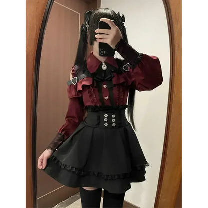 Y2K Off Shoulder Shirt and Ruched Lace Skirt Set