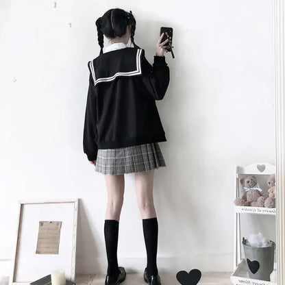 Black Sailor Collar Hoodie – Kawaii Preppy Lolita Sweatshirt