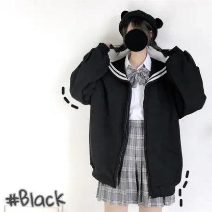 Black Sailor Collar Hoodie – Kawaii Preppy Lolita Sweatshirt
