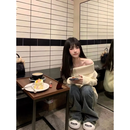 Beige Off Shoulder Knit Sweater – Elegant Harajuku Long Sleeve Pullover