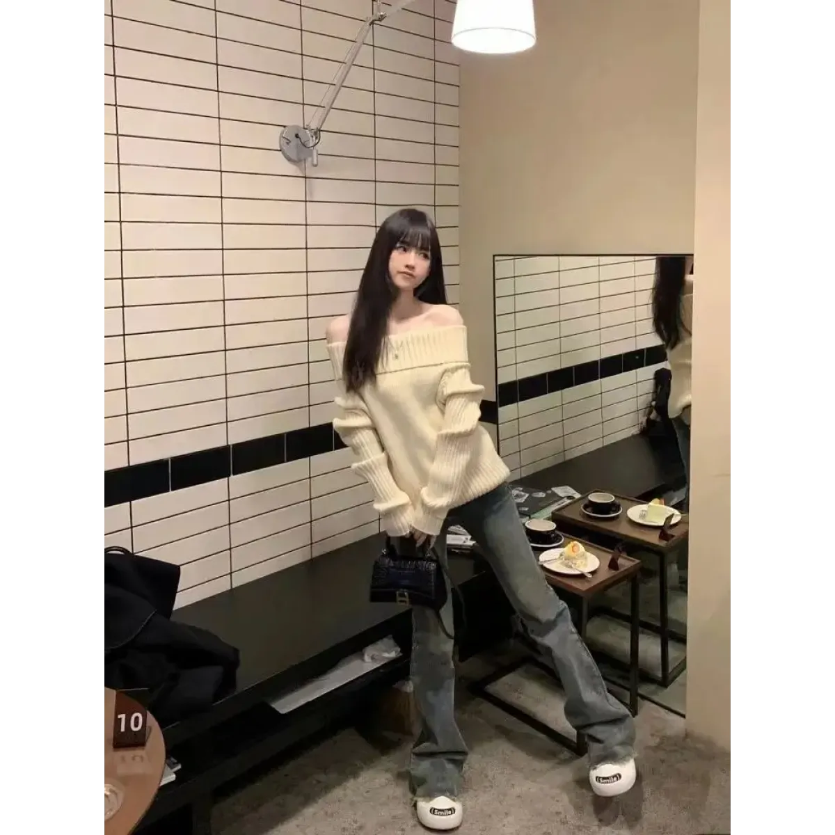 Beige Off Shoulder Knit Sweater – Elegant Harajuku Long Sleeve Pullover