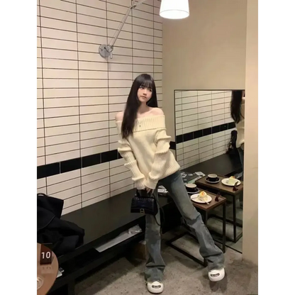 Beige Off Shoulder Knit Sweater – Elegant Harajuku Long Sleeve Pullover