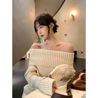 Beige Off Shoulder Knit Sweater – Elegant Harajuku Long Sleeve Pullover