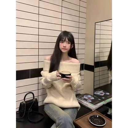 Beige Off Shoulder Knit Sweater – Elegant Harajuku Long Sleeve Pullover