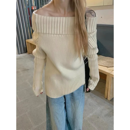 Beige Off Shoulder Knit Sweater – Elegant Harajuku Long Sleeve Pullover