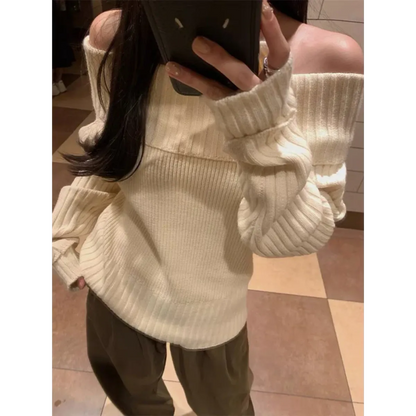 Beige Off Shoulder Knit Sweater – Elegant Harajuku Long Sleeve Pullover