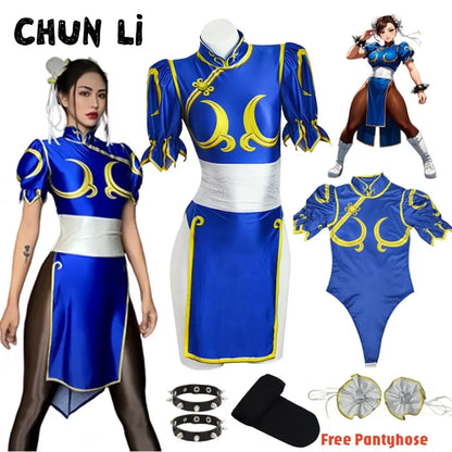 Chun Li Cosplay Costume – Street Fighter Blue Cheongsam Set with Headdress