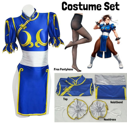 Chun Li Cosplay Costume – Street Fighter Blue Cheongsam Set with Headdress