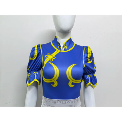 Chun Li Cosplay Costume – Street Fighter Blue Cheongsam Set with Headdress