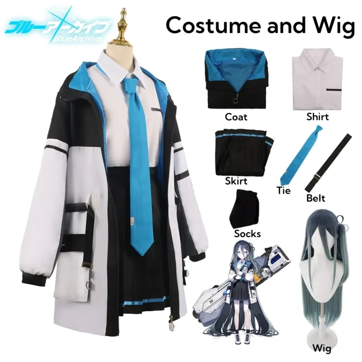Blue Archive Tendou Arisu Cosplay Costume – Uniform, Wig & Coat Set