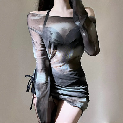 Tie-Dye Bikini Set – Korean Mesh Cover-Up with Drawstring Skirt