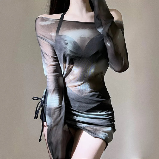 Tie-Dye Bikini Set – Korean Mesh Cover-Up with Drawstring Skirt