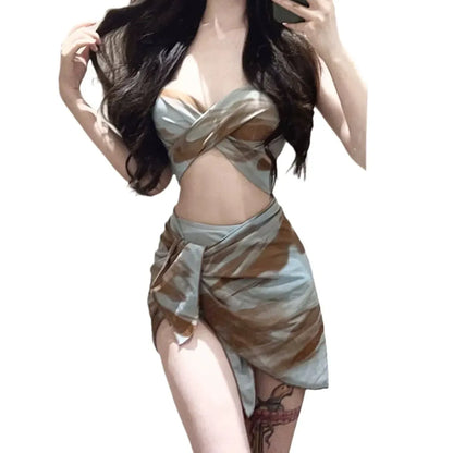 Tie Dye Bikini Set – Sexy 3pc Swimsuit with Mesh Cover Skirt