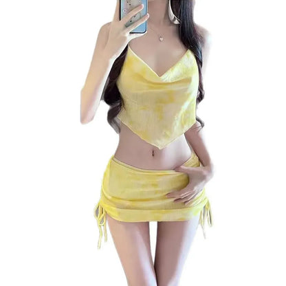 Tie Dye Halter Bikini Set – Kawaii 3pc Swimsuit with Mini Skirt