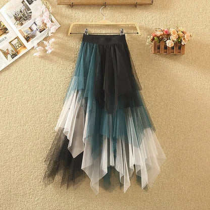 Tulle Midi Skirt for Women - Harajuku High Waist Fashion Summer Tutu