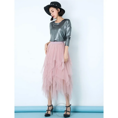 Tulle Midi Skirt for Women - Harajuku High Waist Fashion Summer Tutu